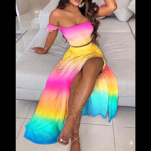 Dresses & Skirts - Off the shoulder plain crop top and maxi skirt set